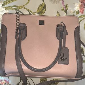 Light pink/beige purse with gray straps